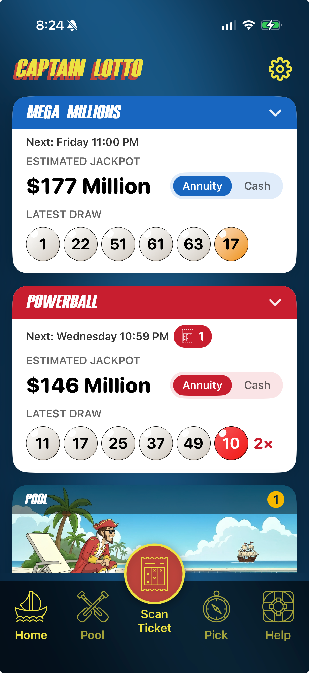 Captain Lotto home screen showing current Powerball and Mega Millions drawings