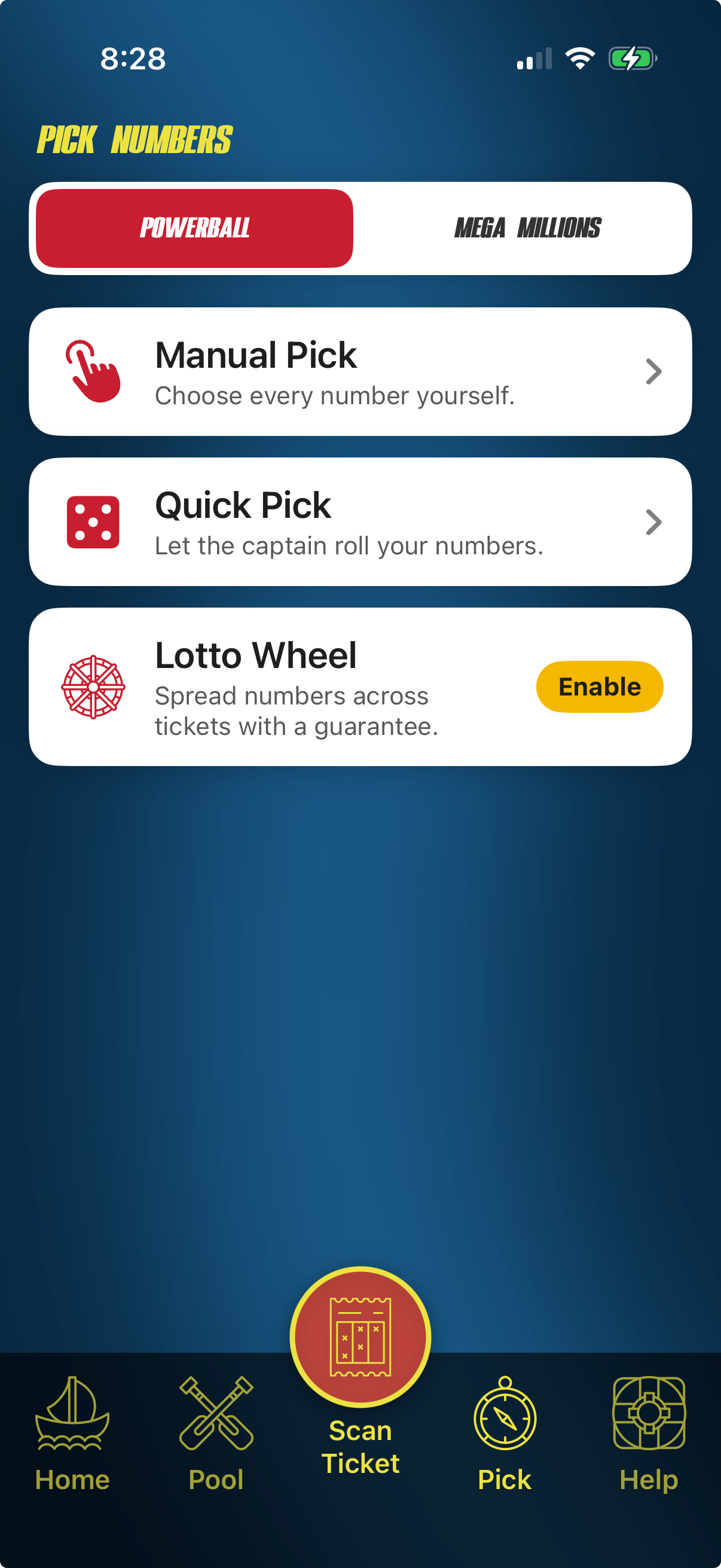 Pick Numbers screen with Manual Pick, Quick Pick and Lotto Wheel