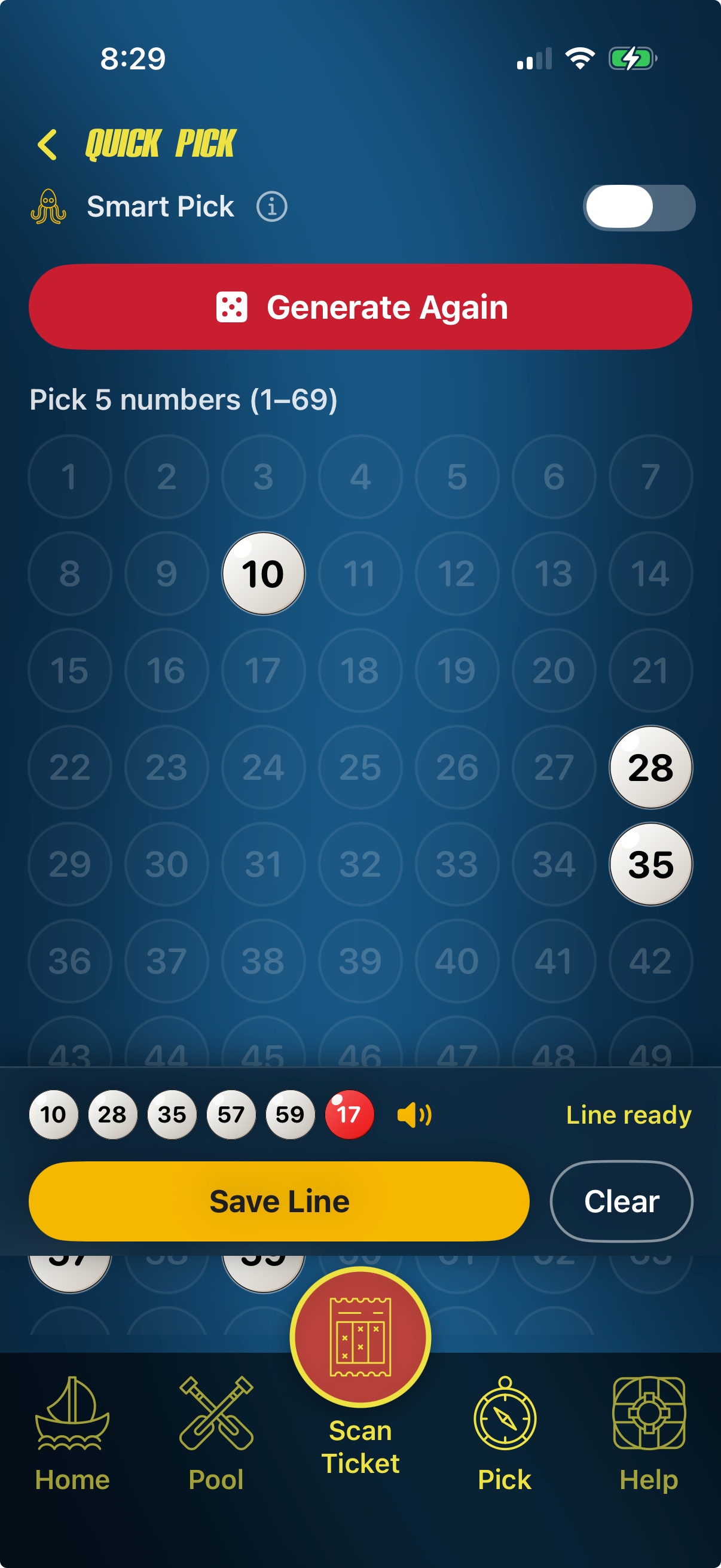 Quick Pick screen with a generated line ready to save