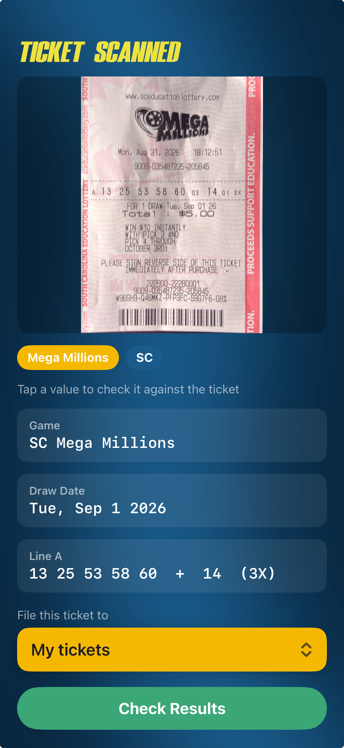 Ticket scanned screen with numbers read from a Mega Millions ticket